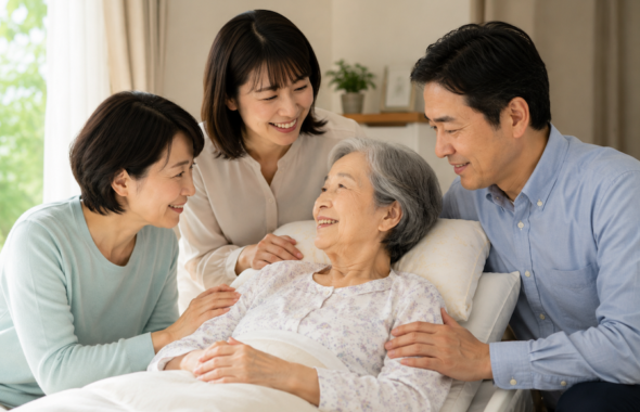 高齢の女性と家族が支え合っている姿