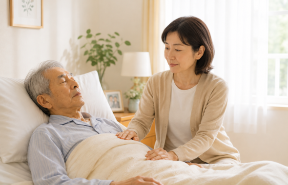 ベッドで寝ている高齢の患者さんに手を添えて安心させる家族