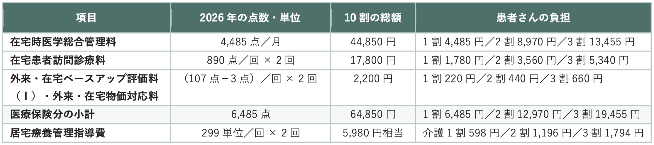 月2回・特別な医療行為がない月の基本計算の表