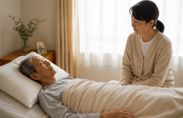 自宅のベッドで穏やかに休む高齢の患者さんと、そばで見守るご家族
