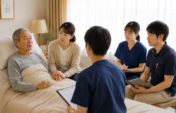自宅で今後の医療について医療者と話す患者さんとご家族
